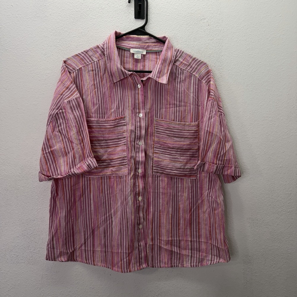 Sundance Pink Striped Top Lightweight Cotton Blend Button Up Womens Short Sleeve
